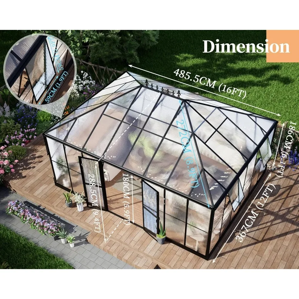 16x12x9.5 FT Greenhouse, 4 Vent Windows, Widened Lockable Doors, Outdoors Pavilion Styled Polycarbonate Greenhouse