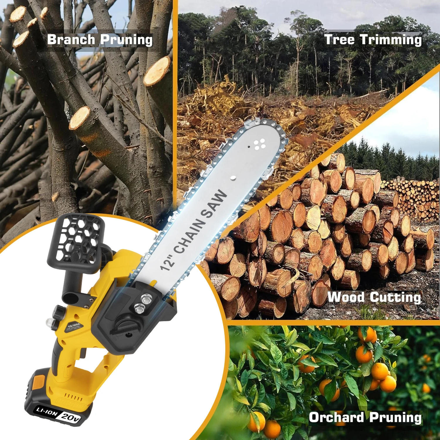 12인치 1200W 전기톱 휴대용 가정용 편리한 전기 절단 도구 (나뭇가지 및 목재 절단용 배터리 2개 포함)