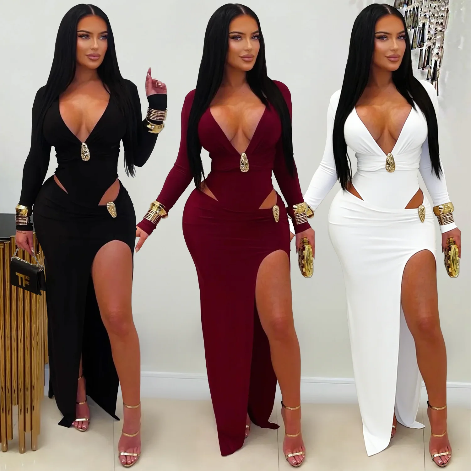 

European and American fashion women's clothing: sexy V-neck solid color long-sleeved bodycon dress