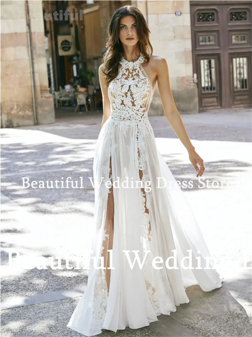 New Boho Beach Wedding Dress For Women Sexy Sleeveless Lace Appliques A-Line Chiffon Floor-Length Robe Vestidos de novia 2024