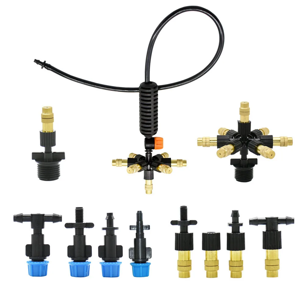 Adjustable Copper Misting Nozzle w/ 4/7mm Plastic Tee Thread barbed Connector Brass Watering Irrigation Sprinkler Cooling Nozzle