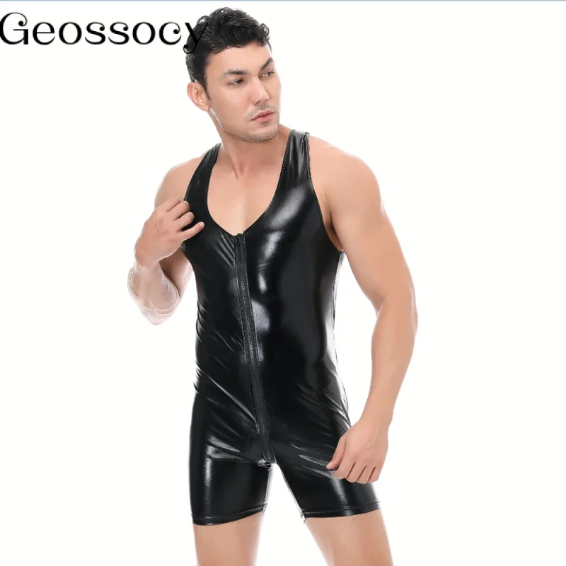 

Plus Size Sleeveless Patent Leather Zipper Open Crotch Mens Catsuit Shiny Wetlook Body suit Sexy Lingerie Male Teddy XXL XXXL