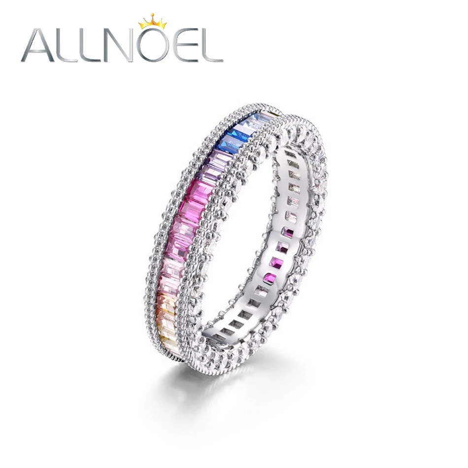 ALLNOEL Real 925 Sterling Silver Rings for Women Rainbow CZ Colorful Cubic Zircon 1*2mm Full Circle Wedding Band Jewelry Gift