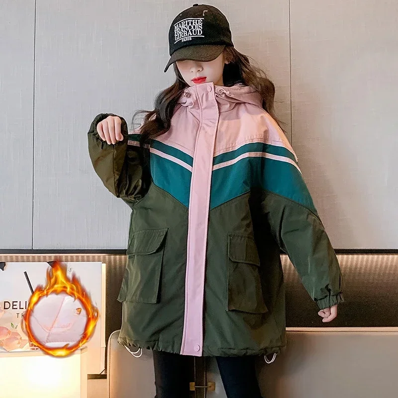 

Girls Winter Outerwear Casual Loose Zipper Hooded Parkas 10 12 Y School Teen Kids Windproof Jacket Thick Warm Patchwork Overcoat