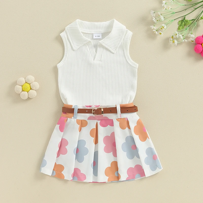 

1-4Y Toddler Girl Summer Outfit Solid Color Ribbed Knit Tank Tops and Flower/Strawberry Print Skirts with Belt 2Pcs Clothes Set