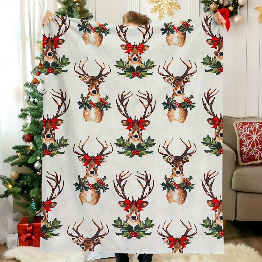 Acogedora manta con estampado de acebo y renos navideños, manta de franela suave y cálida para siestas, Camping, viajes, decoración del hogar