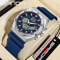 SANDA  Men Watch LED Digital Military Sport Quartz Wristwatch Waterproof Countdown Dual Display Three Time Electronic Male Clock