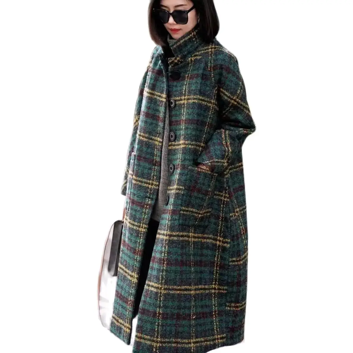 Vintage Plaid Woolen Jacket Women\'s Clothing 2023 Autumn/Winter New Korean Loose Thicken Long Coats Casual Female Plaid Overcoat