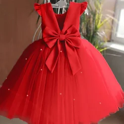 Toddler Baby Girls Flower Birthday Tulle Dress Backless Bow Beading Fluffy Red Princess Dress for Kids Christmas Party Clothes