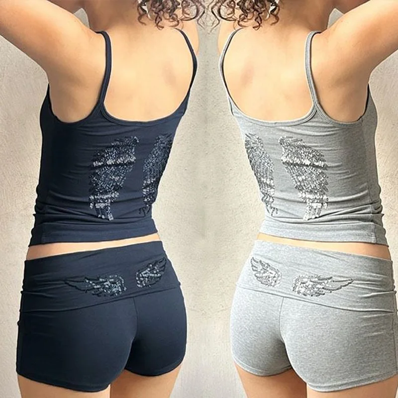 Damen Y2K Pailletten-Engelsflügel-Cami-Tanktop, schmal geschnitten, Spaghettiträger-Weste, Y2K Streetwear, lässiges Unterhemd – Detail 8