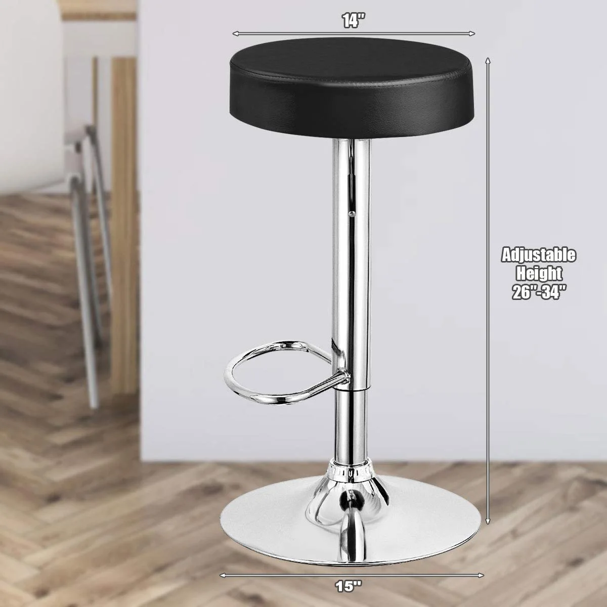 Bar Stools Set of 2, Swivel Round Backless Barstool, PU Leather Armless Adjustable Height Chair, Chrome Footrest, Black