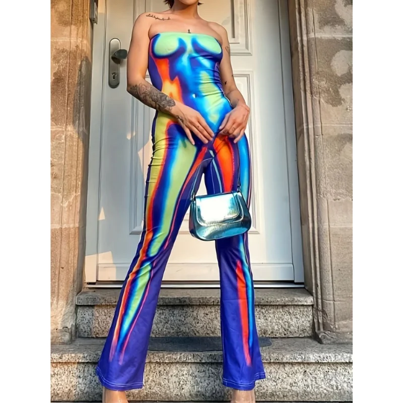 

Женский летний наряд в европейском и американском стиле, без бретелек, с открытыми плечами, с разноцветным принтом, облегающий комбинезон с подтяжкой бедер