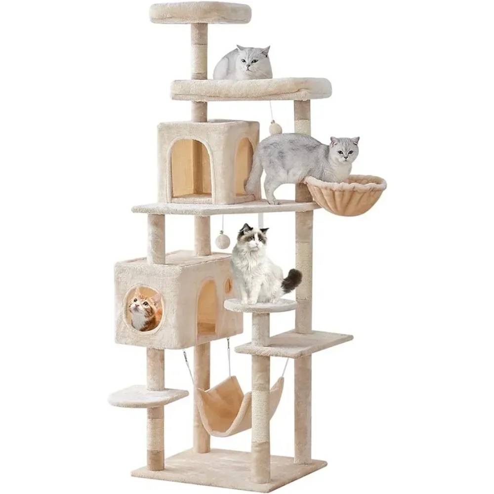 Activity Center With Cozy Basket & Hammock for Large Cat Pet Supplies Cat Tree 71.6 Inches Cat Tower for Indoor Cats Beige Toys