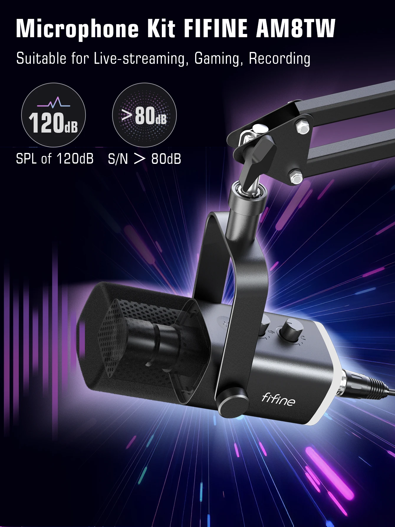 FIFINE XLR/USB Gaming Microphone Kit with Headphone Jack/Mute/RGB /Arm Stand,Dynamic Mic Set for PC PS5/4 Mixer AmpliGame AM8T