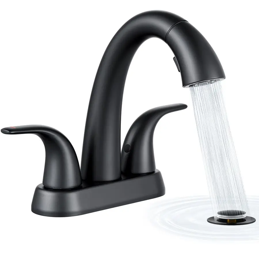 

Matte Black Bathroom Sink Faucet 4 Inch Centerset Pull Down Vanity Faucets 3 Hole with Pop Up Drain Two Handle Modern Washbasin