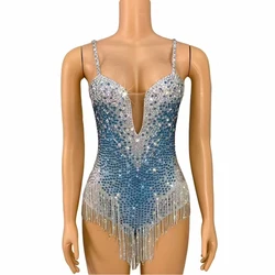 Customized Sparkly Rhinestones Chains Bodysuit Women Sexy Performance Dance Costume Singer Dancer Leotard Stage Photoshoot Wear
