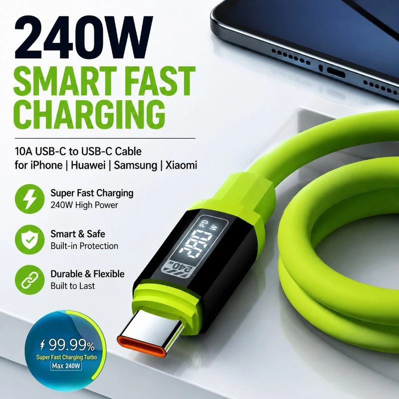 10A 240W Silicone Cables Super Fast Charging USB to C Type-C to C Green Thicken Cable For Xiaomi 17 Durable Quick Charging Cable