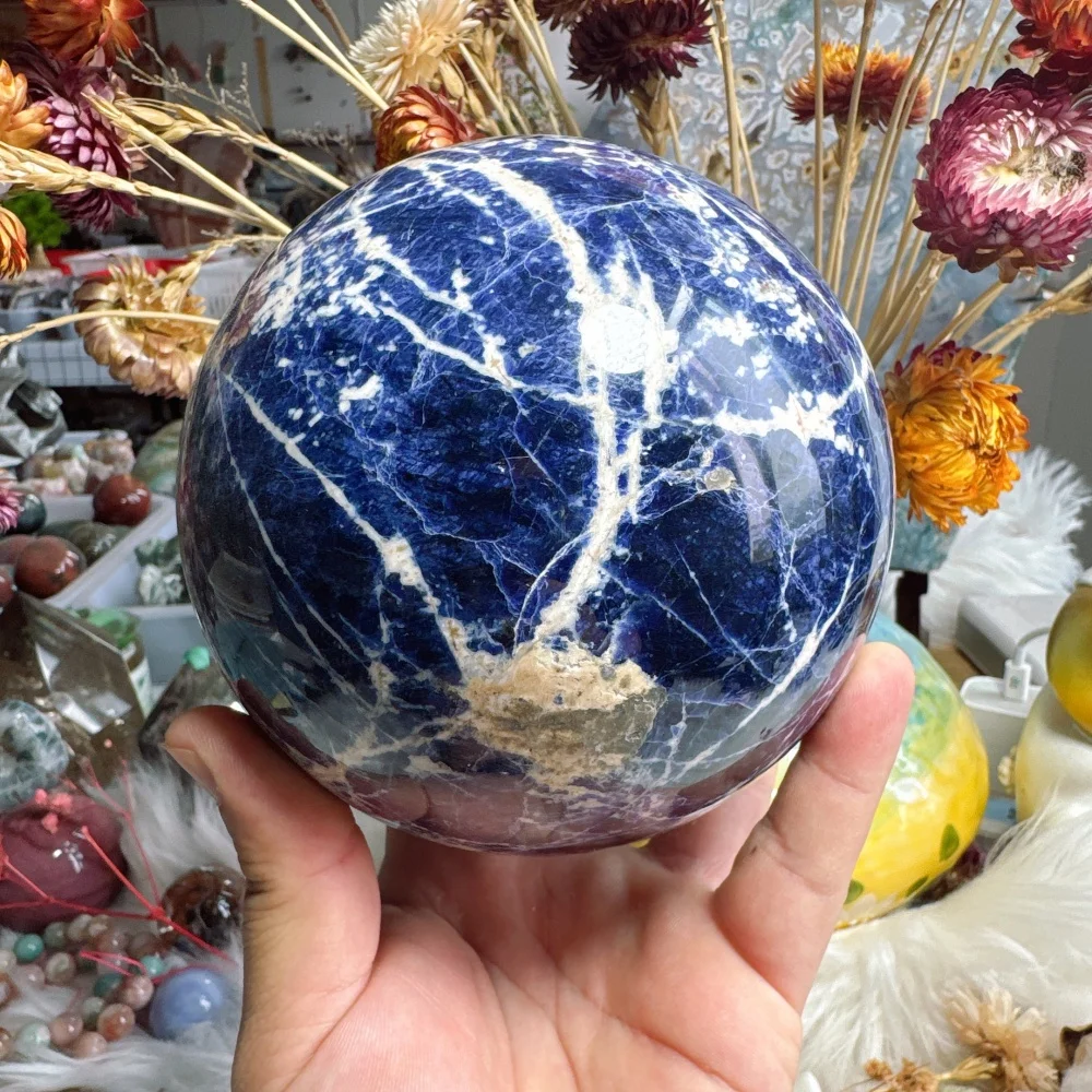 2kg Natural Blue Sodalite Crystal Sphere with Pyrites Polished Sunset Stone Home Decor Ball with Stand for Room Decoration
