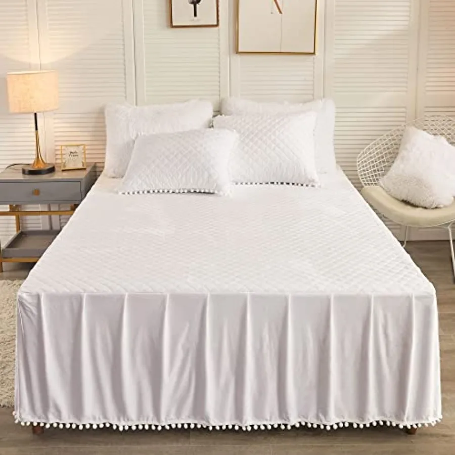 

Luxury Pom Poms Velvet Bed Skirt Velvet Wrap Around Bed Skirt Diamond Quilted Fitted Bed Sheet with Bedskirt 18 Inch Drop Dust