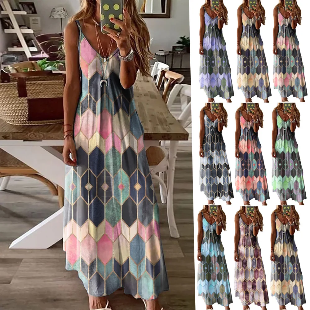 2024Women's Summer Casual Printed Camisole Vest Dress Long Dress