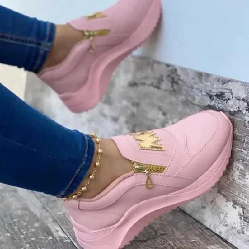 New Women Sneakers Slip on Zipper Thick Bottom Solid Color Vulcanized Shoes Casual Wedge Walking Flats Zapatillas De Mujer