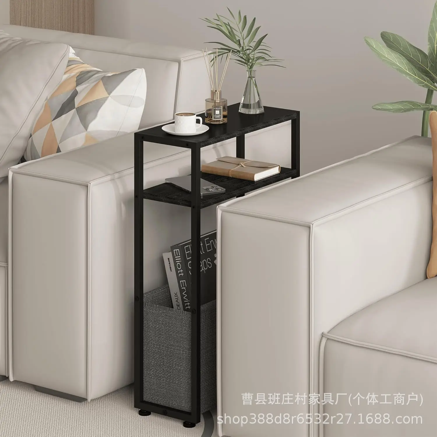 Narrow side table with fabric basket Slender side table Bedroom bedside shelf Living room Couch Super narrow table - view 3