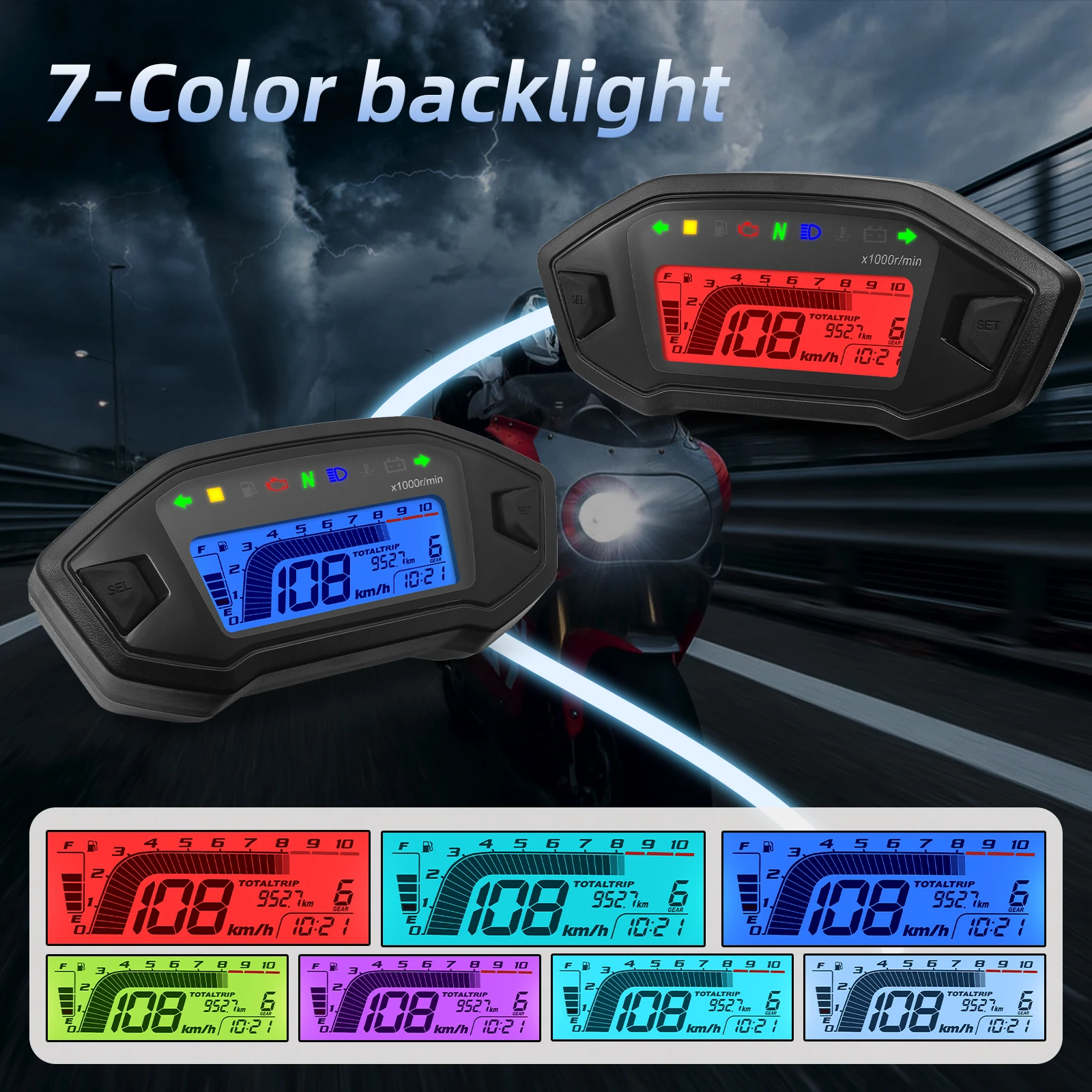 10000RPM Universal Motorcycle 7Color LED Speedometer Digital Motor Instrument Panel Odemeter Tachometer For  2 4 Cylinder Custom
