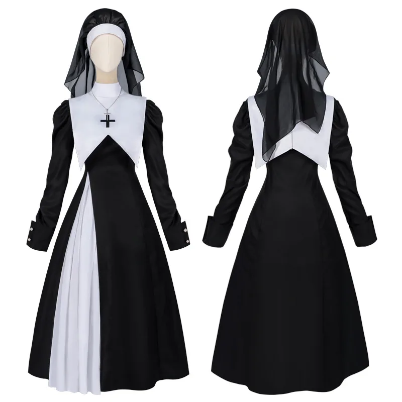 

Women Halloween adult nun cos costume Medieval Sister Cosplay costume cross dark gothic stage role play vampire Horror Outfit