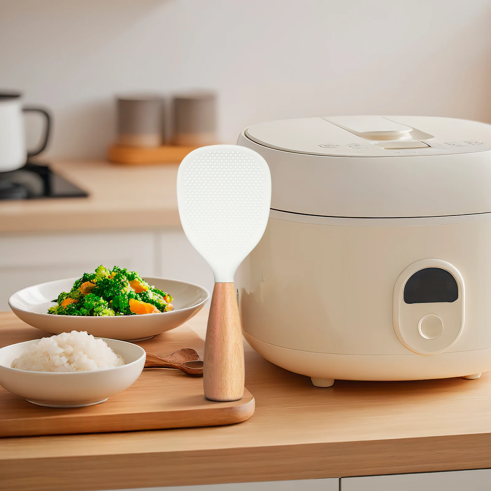 

Silicone Standing Rice Spoon Nonstick Heat Resistant Wooden Handle Kitchen Rice Paddle Scoop For Home Restaurant Cooking