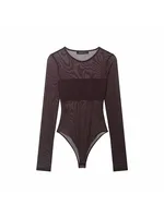 Women Sexy Mesh See Through Bodysuit Women Long Sleeve Sheer Bodysuits O Neck Bodycon Jumpsuit Female Romper - Image 6
