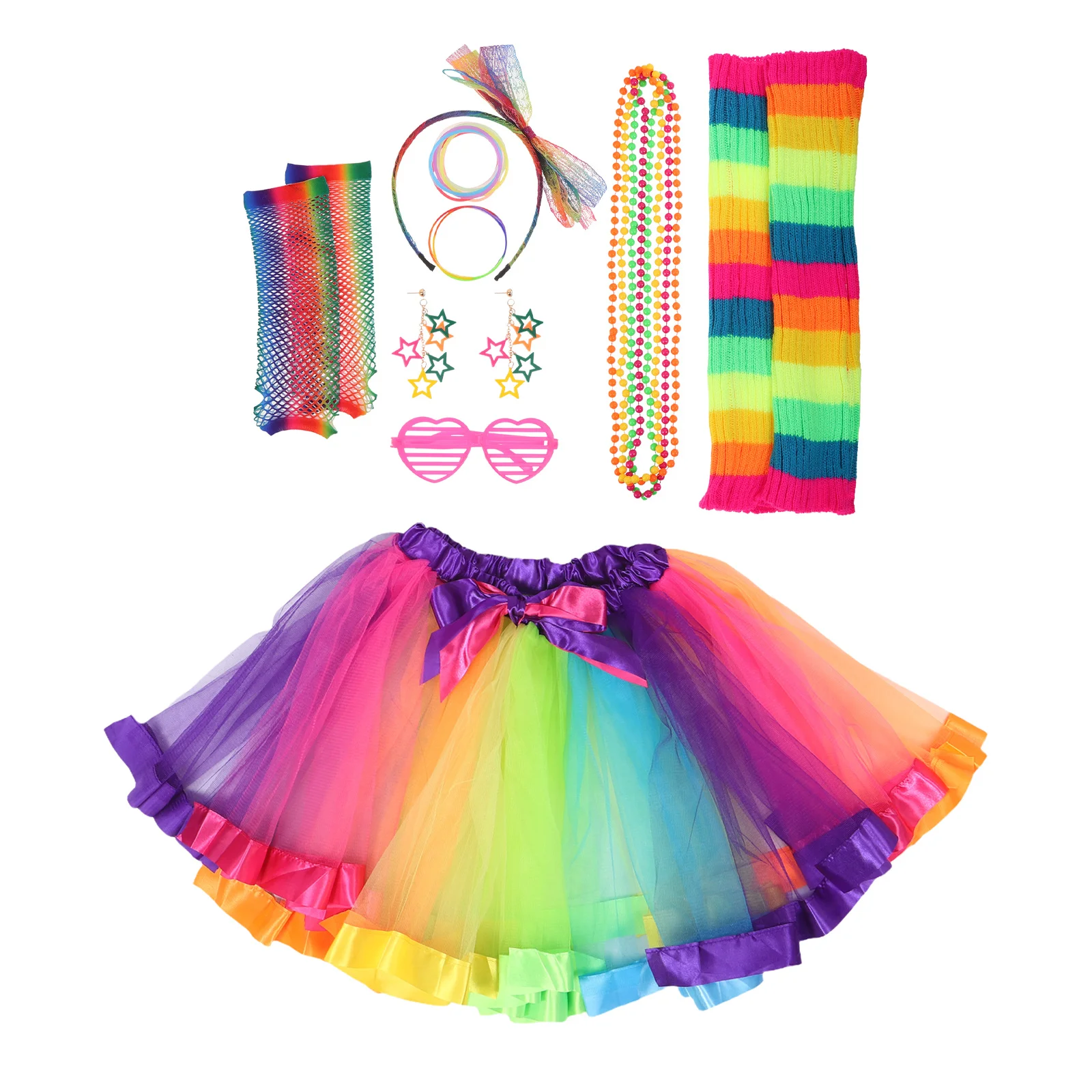 

1 Set 80S Neon Party Accessories Rainbow Tutu Skirt Fishnet Gloves Leg Warmers Earring Necklace for Women