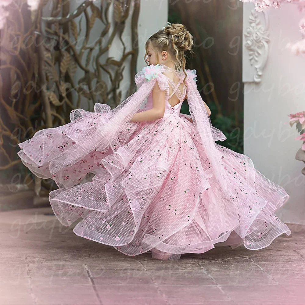 

Pink Pearls Ball Gown Flower Girl Dresses For Wedding Ruffles Spaghetti Neck Tiered Pageant Birthday Gowns First Communion Dress