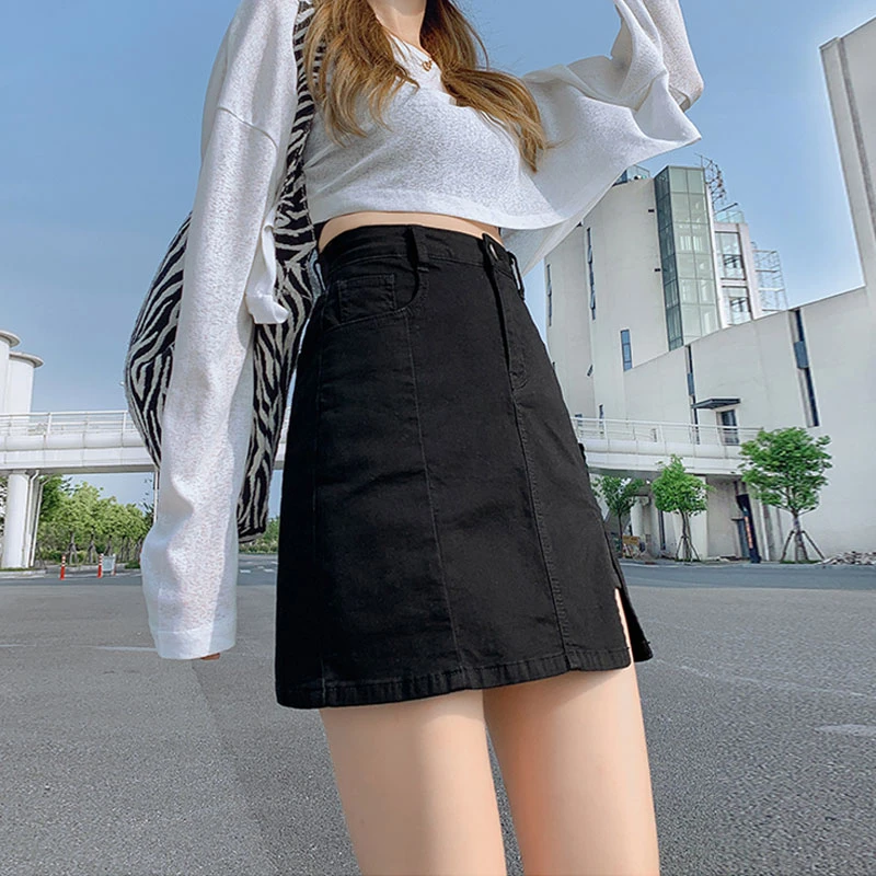 Half-body skirt sub anti-glare new Slim stretch a word skirt pants high-waisted package hip open fork denim short skirt female