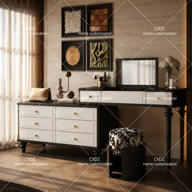 Modern simple multi-functional storage makeup table, bedroom home retro style flip dresser integrated six-chest cabinet