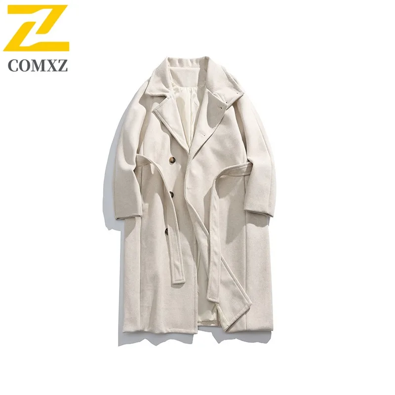 COMXZ 2025 Men Wool Blend Mid-Length Jacket Autumn Winter Waterproof Windproof Solid Color Outerwear Street Style Tactics Coat