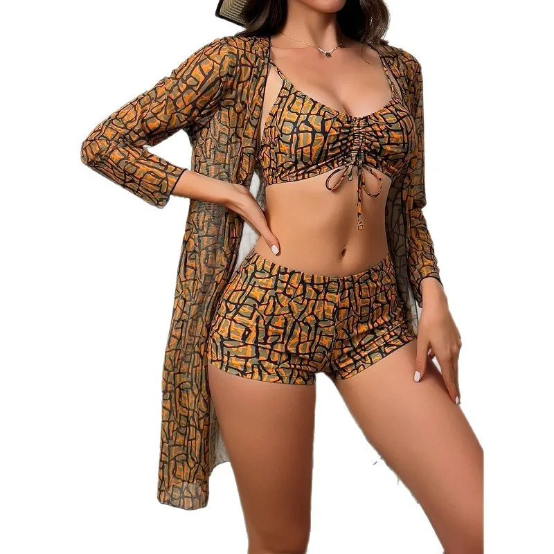 2025 Summer Women 3-Piece Swim Set Long Sleeve Cover Up & High Waist Bikini Sexy Corset Holiday Bikini Set Shorts Set Beachwear