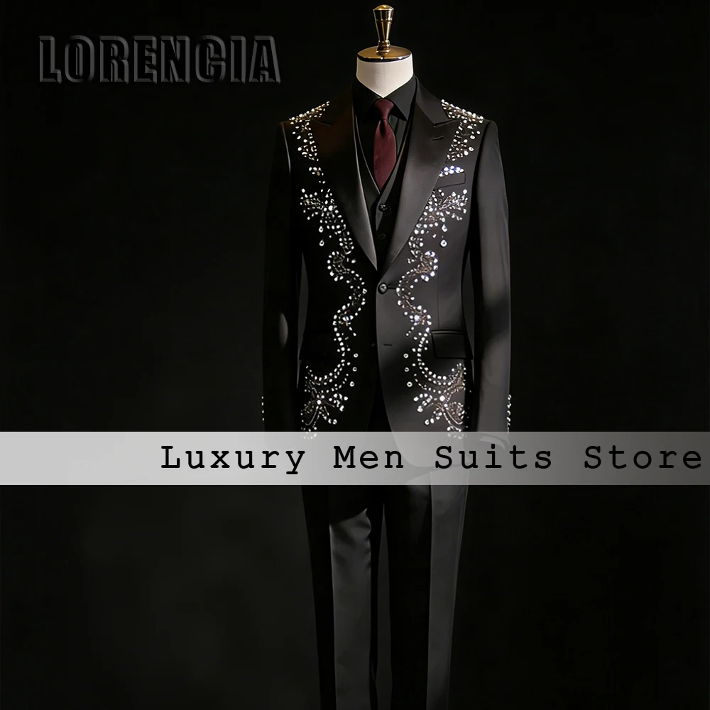 

Luxury Crystal Men Suits 3 Pcs Single Breasted Tuxedos Set Evening Party Outfits 2025 Customized Blazer Pants Vest ropa hombre