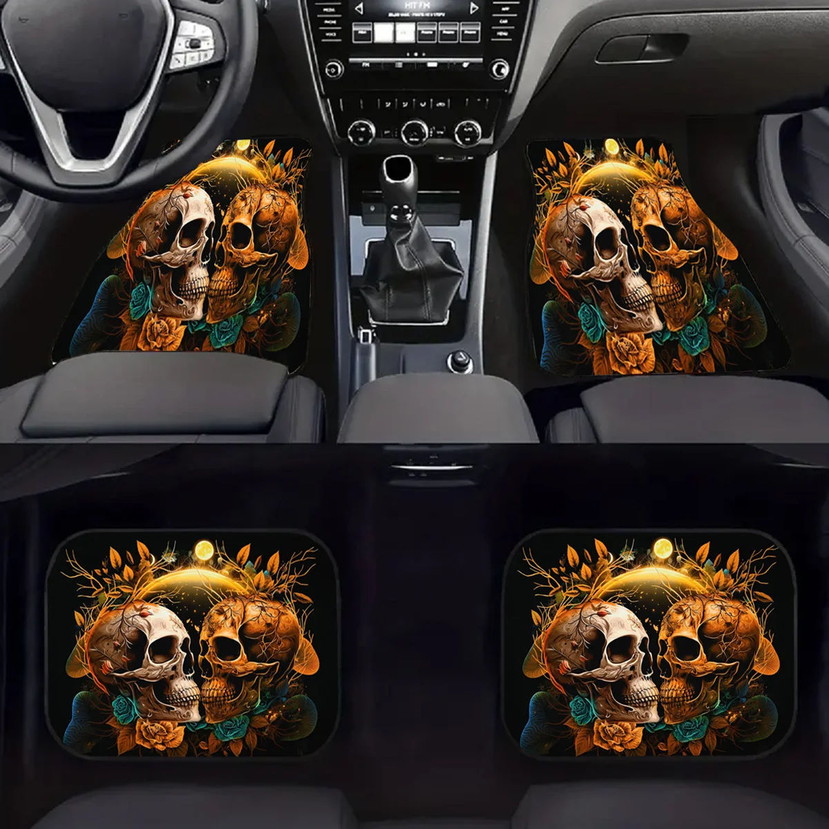4pcs Kiss Of Skull Print Design Carpet Car Floor Mats For Auto Van Truck SUV-4pcs Front& Rear Full Set Universal Fit Car Interio