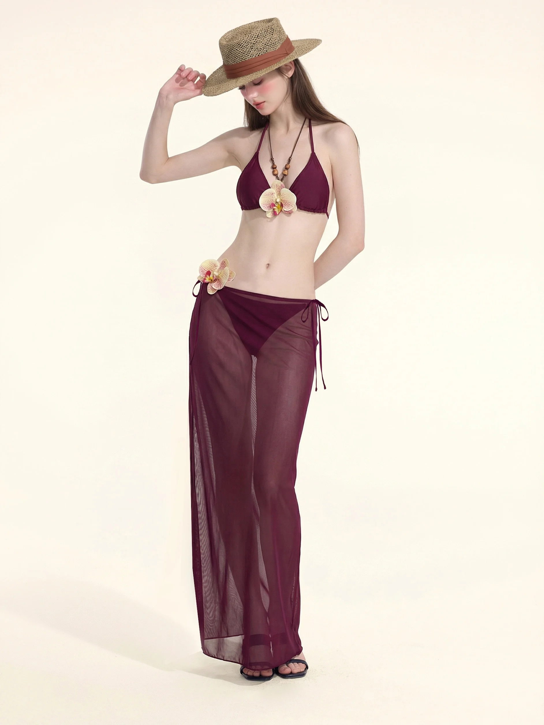

Masquerade Purple Bikini Women's Separate Long Skirt Sexy Gathered Chest Beach Vacation Swimwear Polyester Material