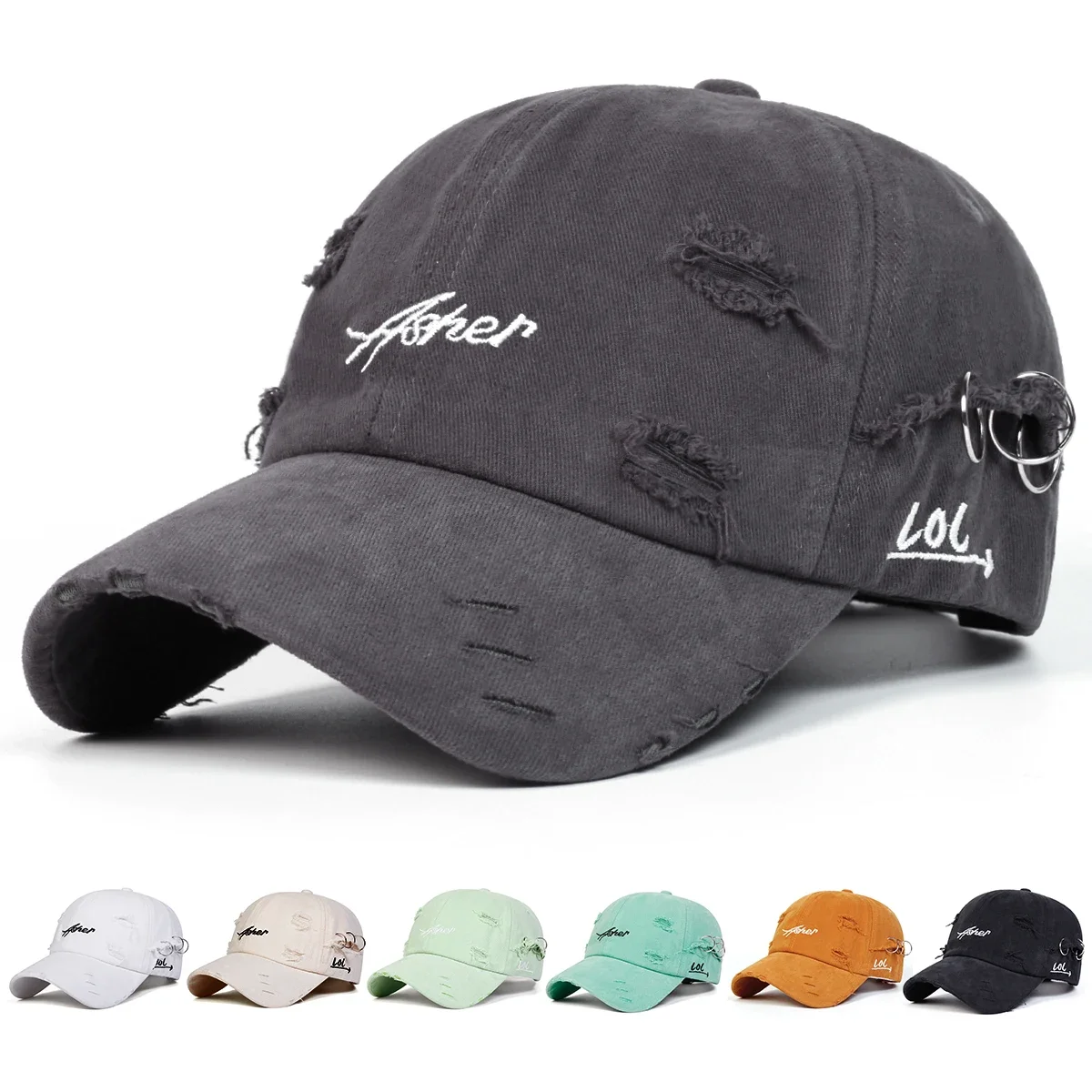 Unisex Asher Embroidery Hole Iron Ring Baseball Caps Spring Autumn Outdoor Sunscreen Hat Adjustable Casual Trucker Hats