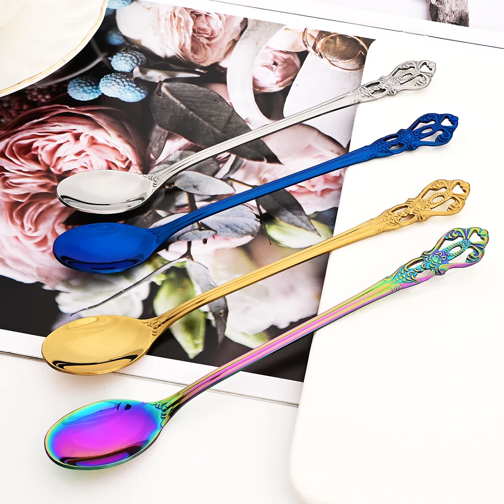 Drmfiy Royal 6 Long Handle Spoon Dinnerware Stainless Steel Cutlery Set Western Tableware Set Tea Coffee Drink Silverware Set
