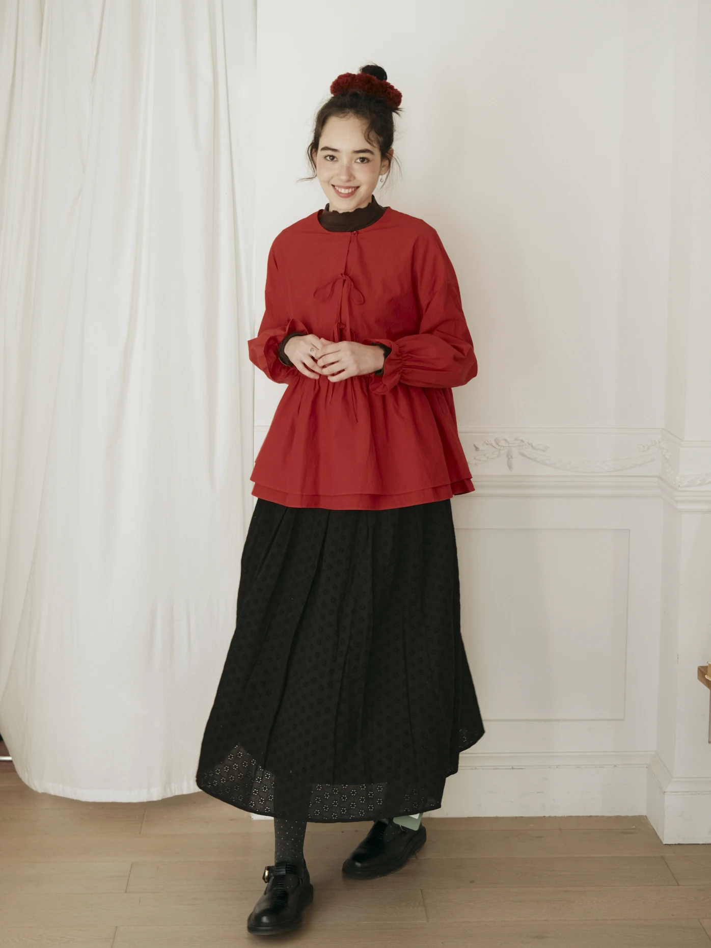 

MintCheese Magic Girl Bright Red Festive Feel Loose Cotton irt Gown with Belt Chinese Sle Long Sve round Ne Women's Top