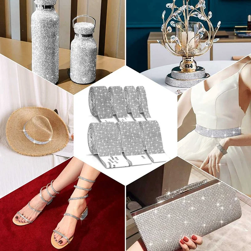 6 Rolls Rhinestone Ribbon Silver, Self Adhesive Diamond Crystal Bling Wrap Roll Glitter Jewelry Sticker Tape