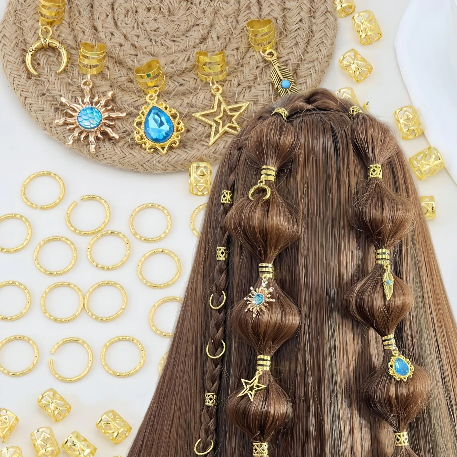 

45PCS Boho Golden Star Moon Sun Pendant Hair Beads, Retro Hollow Braids Hair Cuffs, Fashion Hair Accessories For Women Party