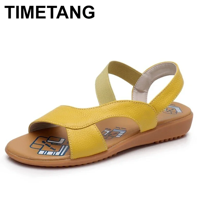 

TIMETANG Cow Genuine Leather Sandals Women Flat Heel Sandals Fashion Summer Shoes Woman Sandals Summer Plus Size 34-43