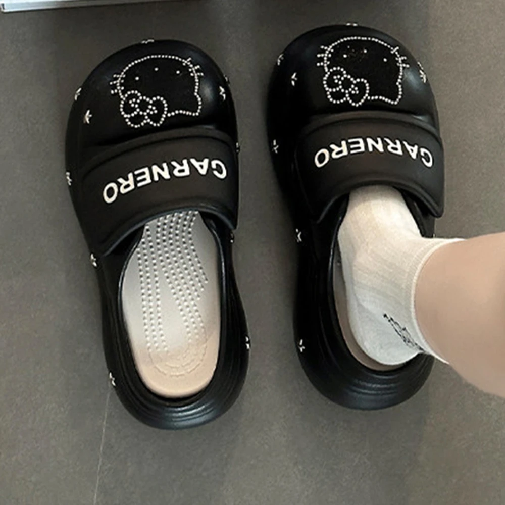 

Cartoon Hello Kitty Women's Slippers Rhinestone Platform Anti Slip Thick Bottom Summer Indoor Outdoor Fashion Beach Slippers