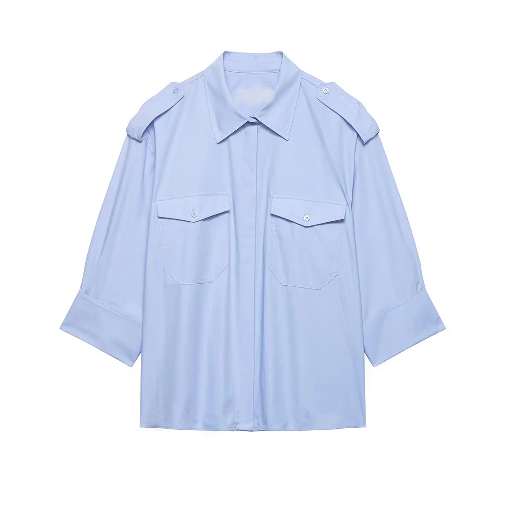

WOMAN 2026 Summer New Fashionable Casual Long Sleeve Pocket Shirt Retro Versatile Women's Shirt Chic Top Blouses Mujer