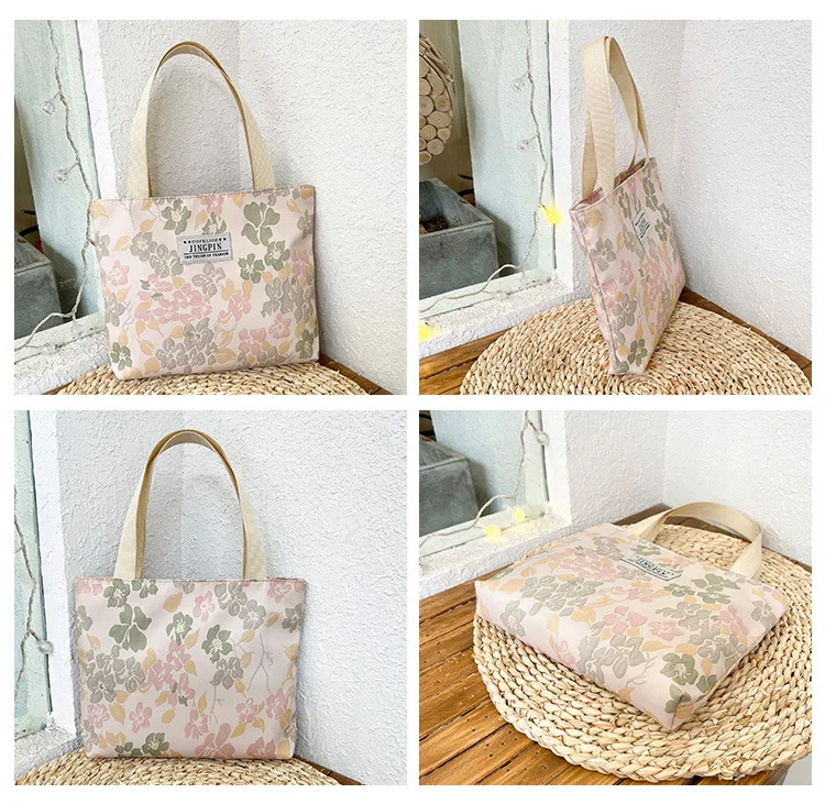 Saco de lona saco de cosméticos bolsa de ombro feminina casual bolsa estilo artístico impressão fresco pequeno saco de armazenamento de flores