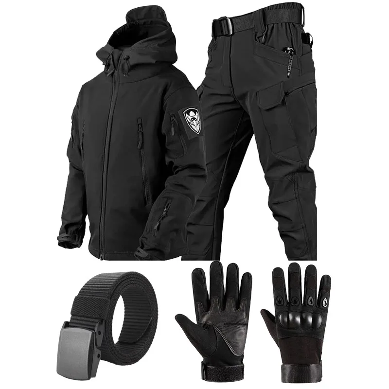 Winter Tactical Sets Men Outdoor Work Fleece Jacket Waterproof Shark Skin Soft Shell Hooded Jacket Multi-pocket Cargo Pant