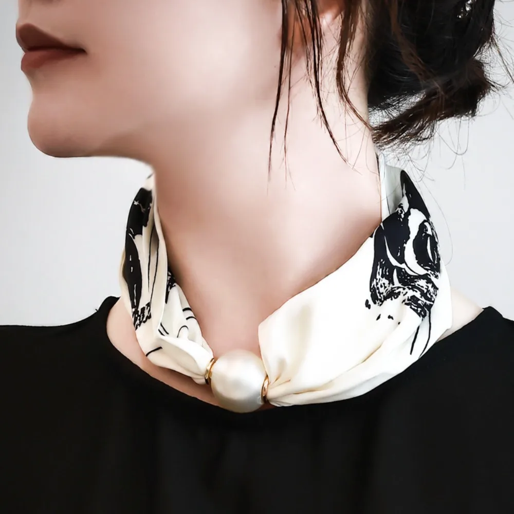 Women Buckle Scarf with Pearl Pendant New Fashion Neck Wrap Soft Silk Feel Neck Protection Shawl Travel Decorative Neck Ornament